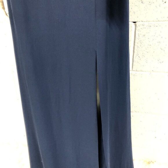 Womens NWT BCBG MaxAzria Cascading Back Ruffle Side Slit Formal Gown Navy - Picture 9 of 12